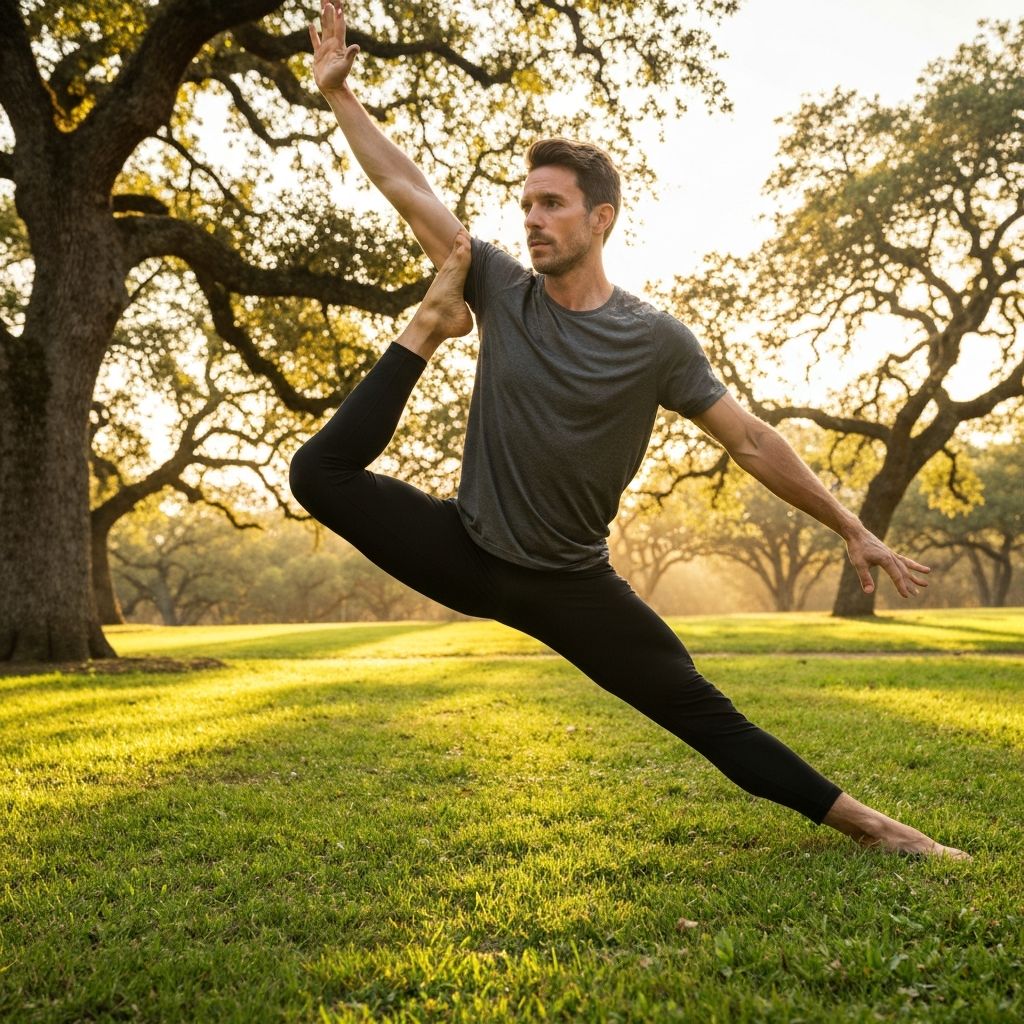 Човек који се упражњава йогом или растезању у природи