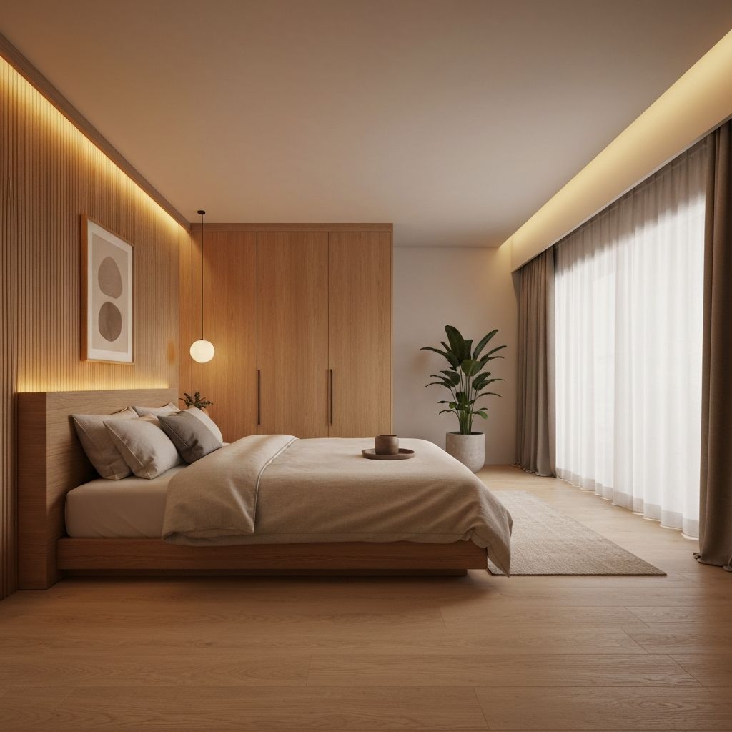 Миран спаваћа соба са природним материјалима и топлом светлошћу